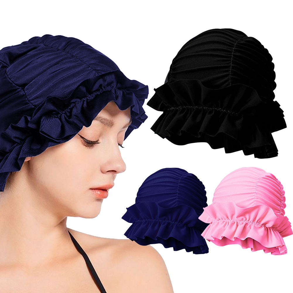 Women Pleated Swim Cap Nylon Swimming Cap Comfortable Portable Pool Cap Ear Protection Keep Hairstyle Unchanged for Beach Pool