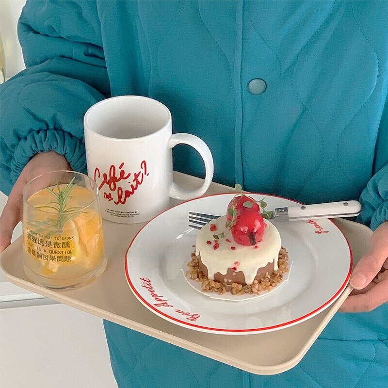 LadyCC French Retro Red Line Ceramic Dessert Plate French Letter Breakfast Plate Pasta Plate Bread Plate Restaurant