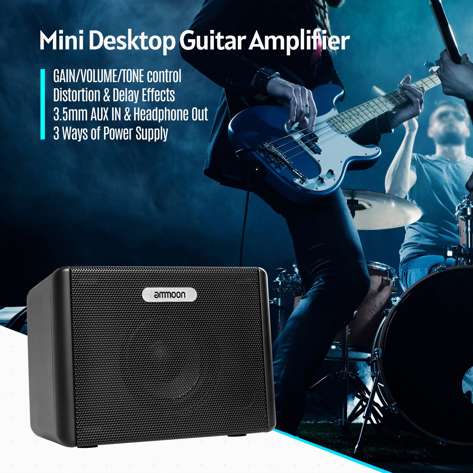 Ammoon-Amplificador de guitarra eléctrica de escritorio AM-3, amplificador de 3,2 W, efectos de retardo de distorsión integrados con salida de auriculares de 3,5mm, entrada Aux