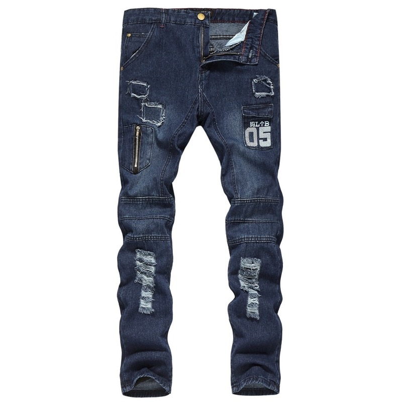 Jeans Men's Distressed Stretch Ripped Jeans Men Hip Hop Slim Fit Punk Denim Jeans Cotton Pants Zipper Jeans Black Jeans Men