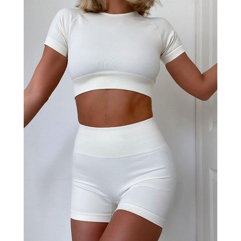Yoga skinny sportpak zomer dames sexy sporttop en yogashorts tweedelige set outfits dames fitnesskleding wit s: Default Title