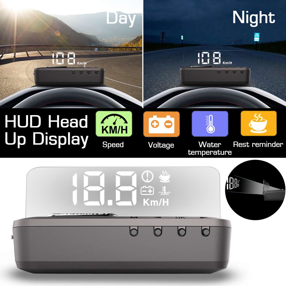 Universal automatisk hud head-up display bil-styling 4k hud display projektor overhastighed advarsel alarmsystem sort