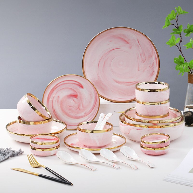 Double-sided Gilt Rim Pink Marble Pattern Porcelain Dinner Plate Salad Noodles Bowl Spoon Ceramic Kitchen Tableware 1Pcs