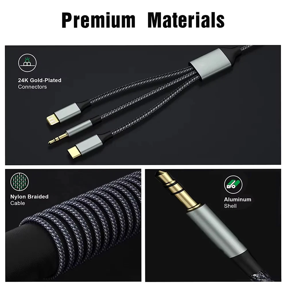 3- in -1- aux audio cable type c/lightning to 3,5- mm plug cable for car headphones, telephone, usb c, ios to 3,5 mm aux converter jack cable