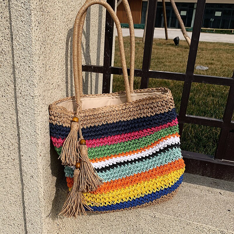 Contrast color Straw Tote bag Summer Women's Handbag High capacity Shopping Shoulder bag Beach Travel bag: Default Title