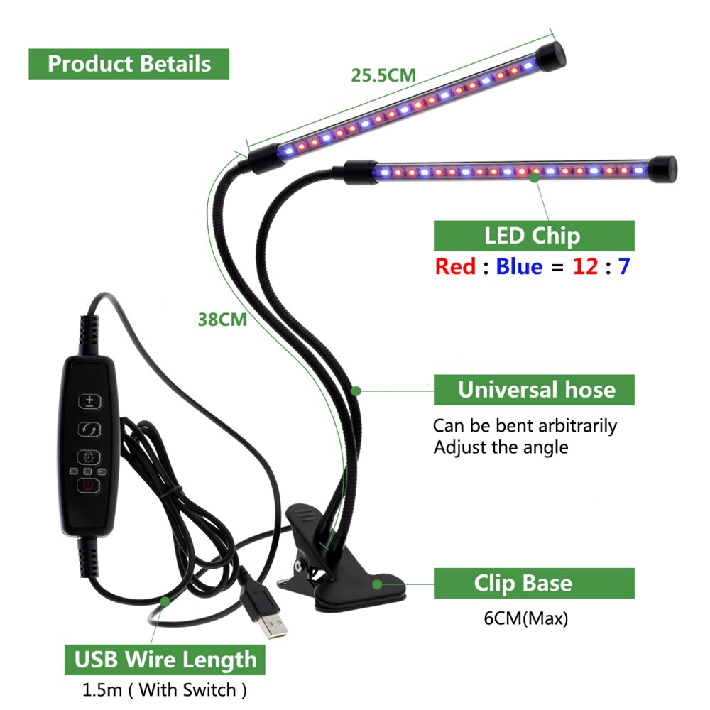 Luz LED de cultivo con Clip Flexible de 360 grados, fuente de alimentación USB, luz LED de escritorio para crecimiento de plantas.