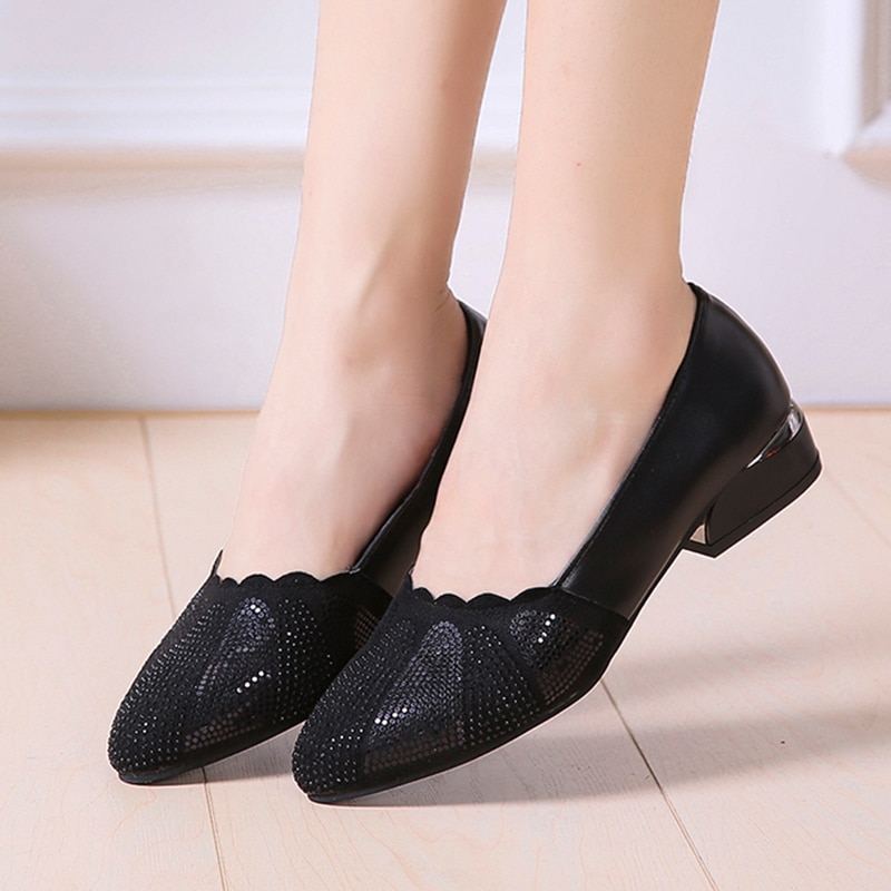Plus Size 41 Bling Women Shoes Low Heels Dress Shoes Black Office Work Shoes Woman Shallow Single Shoes Gold Heeld Crystal N7855