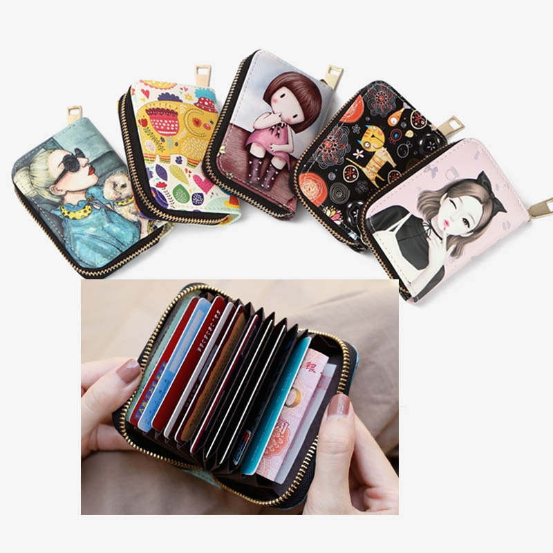 Animals Printed Women Card Bag PU Leather Wallet Cartoon Business Card Case Credit Card Holder Girl Zipper Clutch Bag