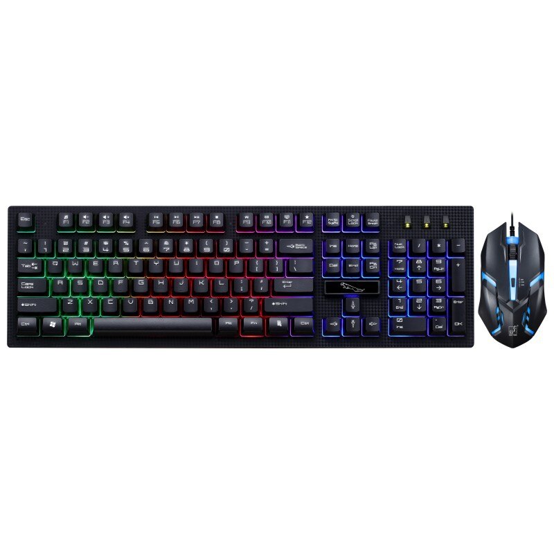 Illuminated keyboard mouse gaming set rainbow wired PC Gamer Suspension Mechanical Laptop Backlit glowing mouse white keyboard: Black