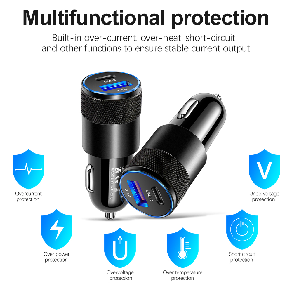 Car Charger USB Type C PD Dual Port QC 3.0 Fast Charging For iphone13 12 Huawei Xiaomi 12 Samsung S21 USB-C Mobile Phone Charger