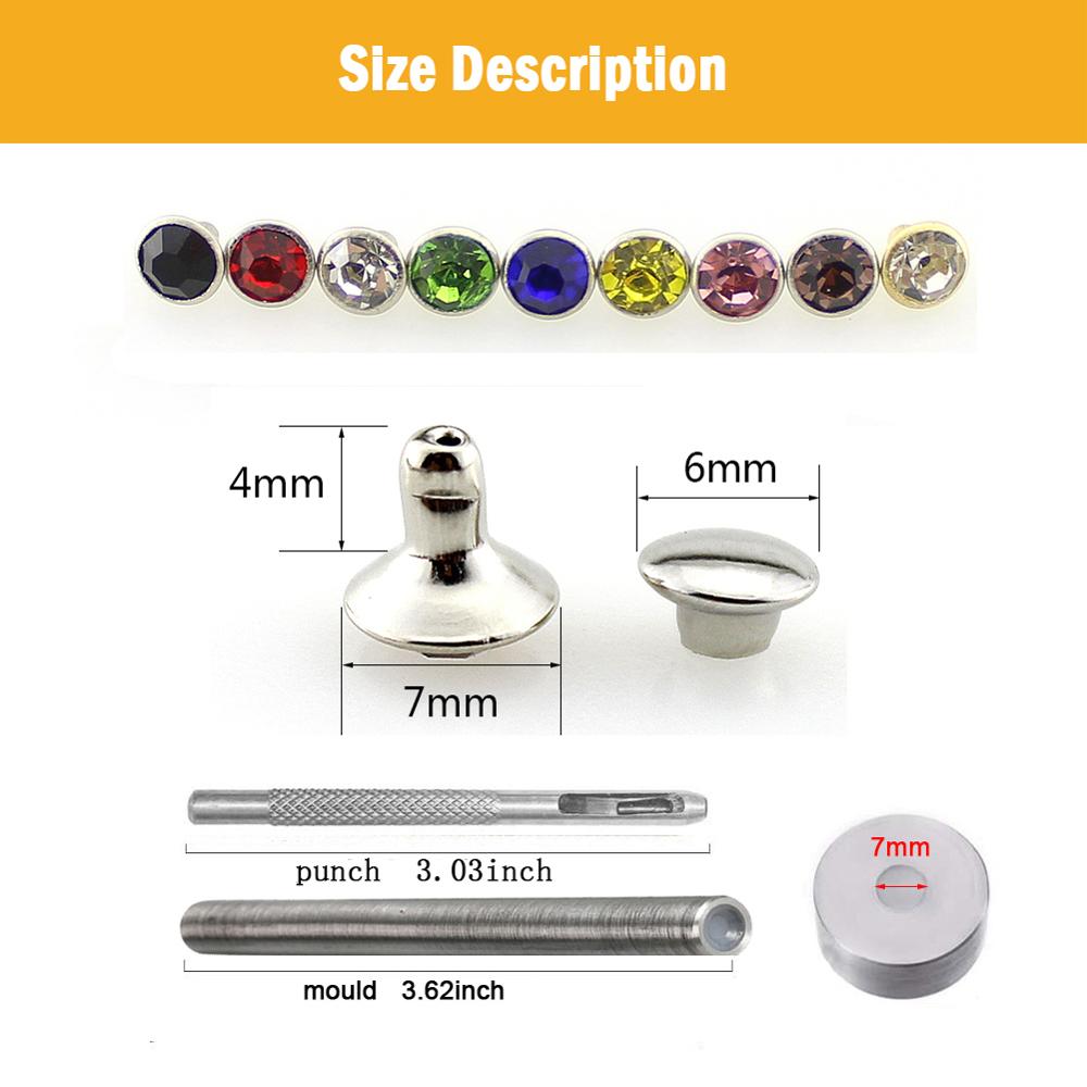 360pcs 7mm Colorful Rhinestones Rivets For Leather Craft Copper Spikes DIY Clothes Bags Crystal Rivets Accessory With Tools