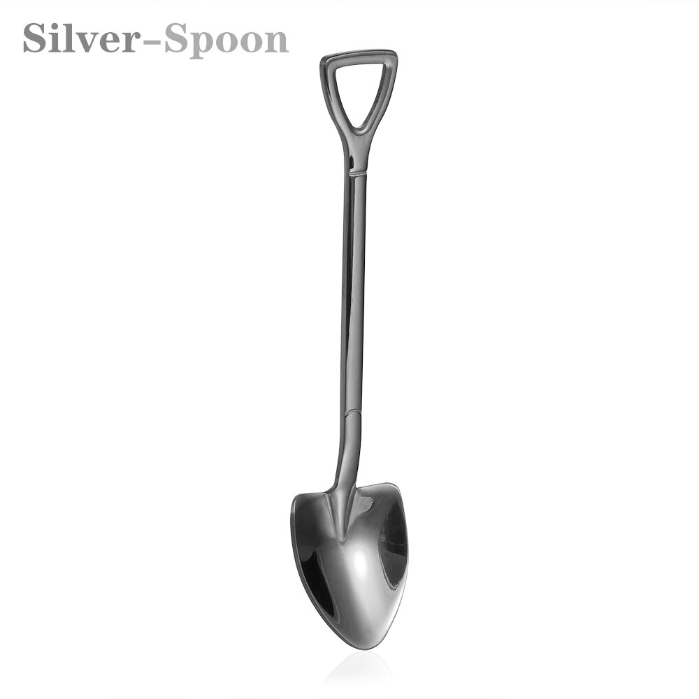 Shovel Shape Spoon Fork Long Handle Multi-color Soup Coffee Ice Cream Tea Spoon Stainless Steel 12.2*2.2cm For Home Kitchen Kids: Silver-Spoon
