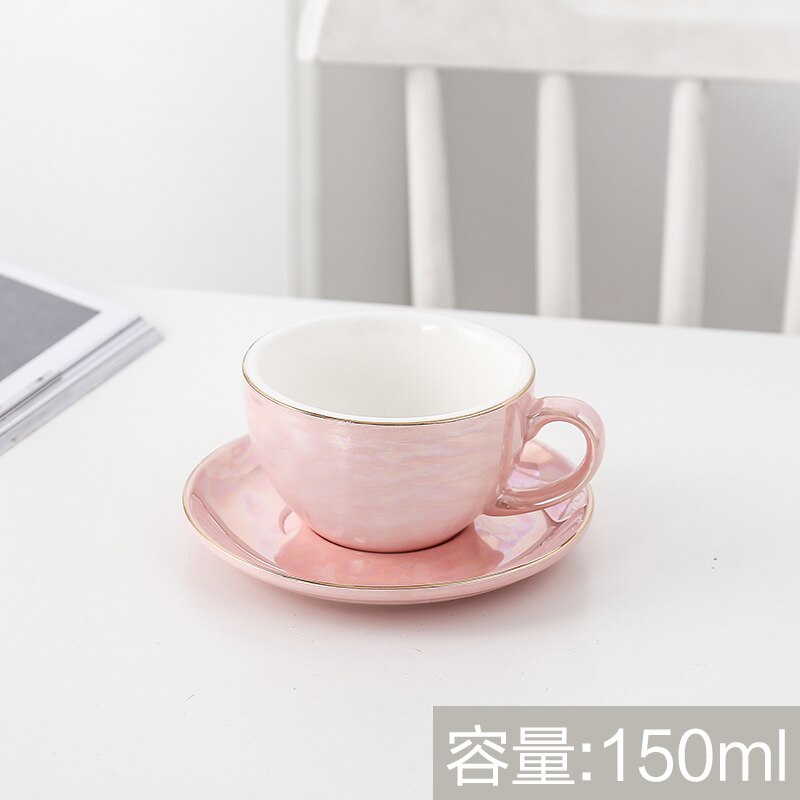 Europese Keramische Kopje Koffie Gold Lijn Parel Glazuur Koffiekopje Schotel Set Thuis Cafe Plezier: Pink-150ml