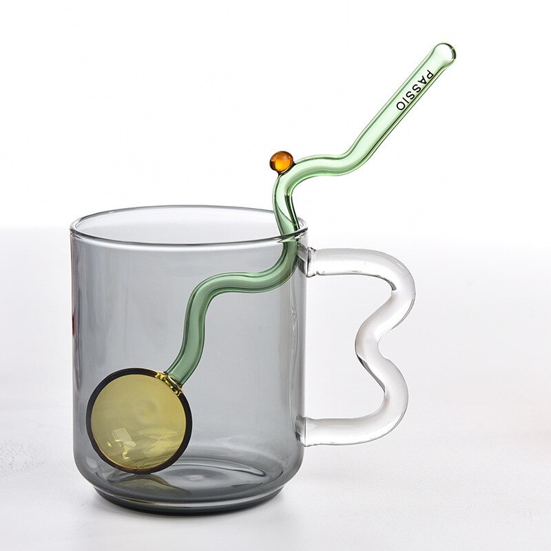 Tasse à café en verre coloré avec poignée d'oreille, tasse à expresso, pour jus de fruit, pour le bureau, pour le petit déjeuner, couleur contrastée,: Cup With Spoon B