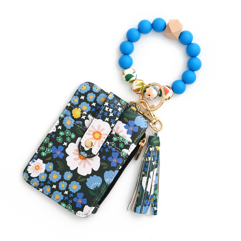 Silicone bead pu leather key chain wristlet id credit card holder keychain wallet for women Pink Flower Print Wallet: Gold