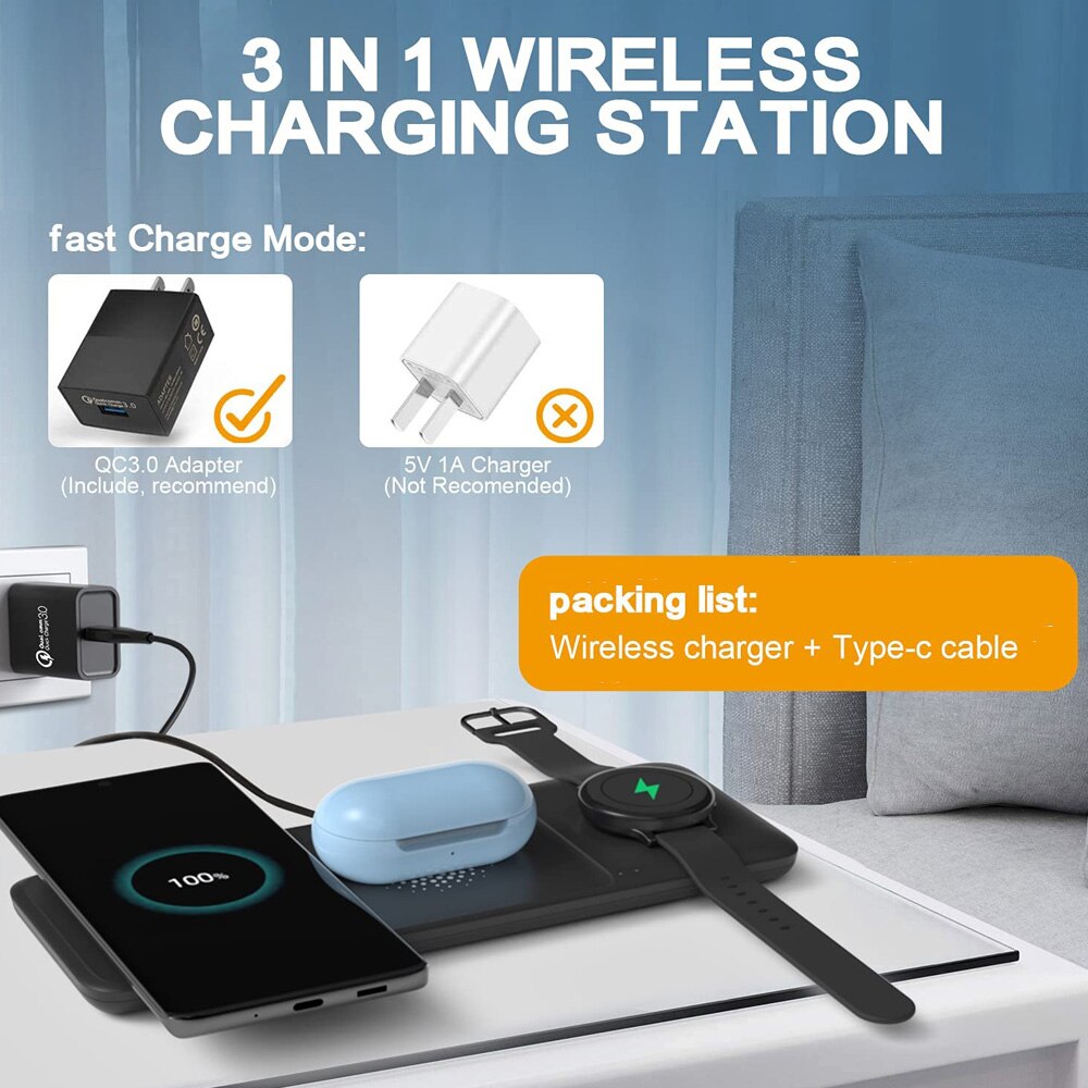 3 in- in-1 kabelloses ladegerät-trio für samsung galaxy  s21, 20- in-10 smartwatch,  qc3.0 adapter, schnellladefunktion, kabelloses ladegerät mit led-beleuchtung
