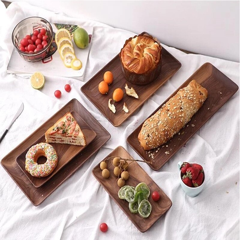 Rectangle Black Walnut Wood Pan Plate Fruit Dishes Bread Wood Plate Saucer Tea Tray Dessert Dinner