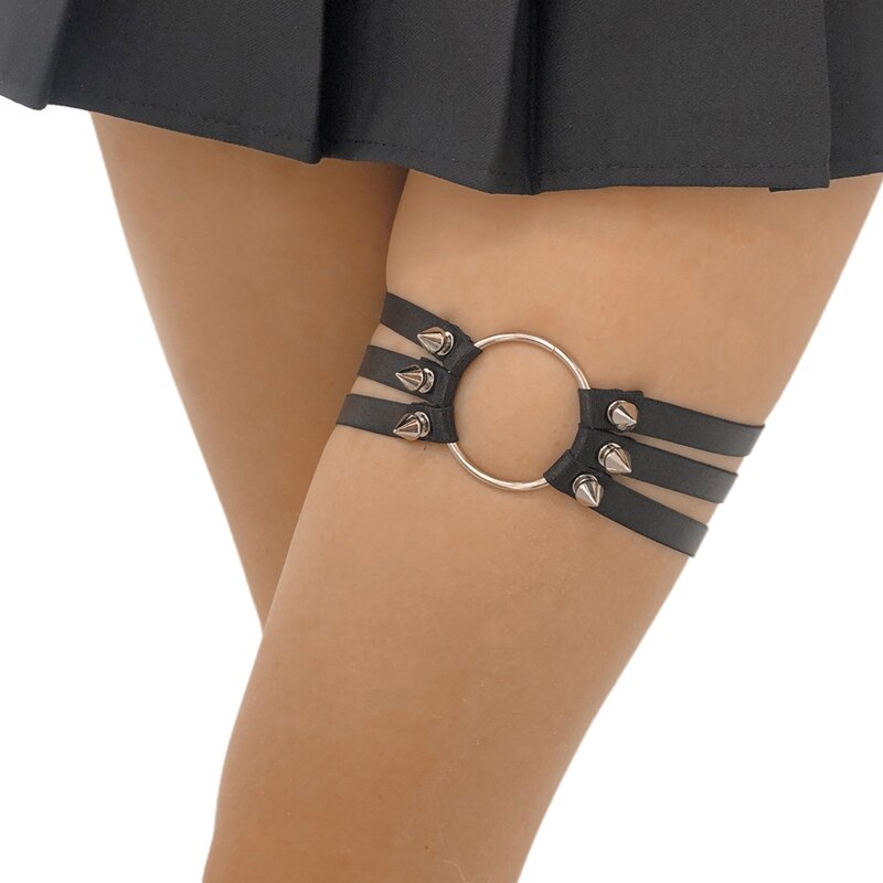 Harnais de jambe en Faux cuir pour femmes, dentelle festonnée, gothique Punk, jarretelles, ceinture cloutée, anneau de cuisse élastique réglable X4YC: style 6