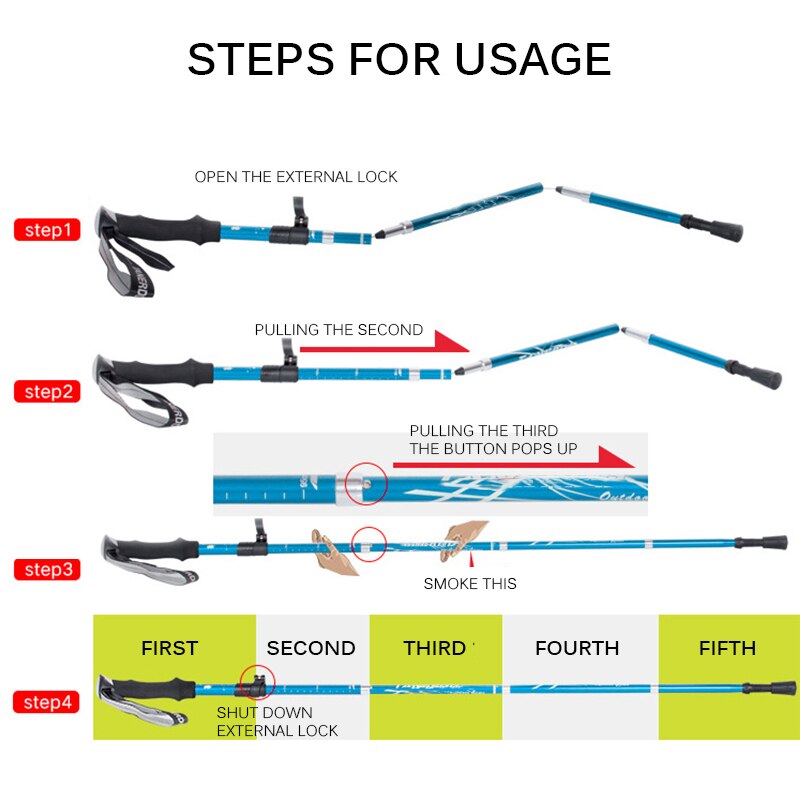Trekking Stick 5 Sections Cane Short Fiber Lock Folding Rod Walking Trekking Climbing Poles Aluminum Alloy Durable Alpenstock