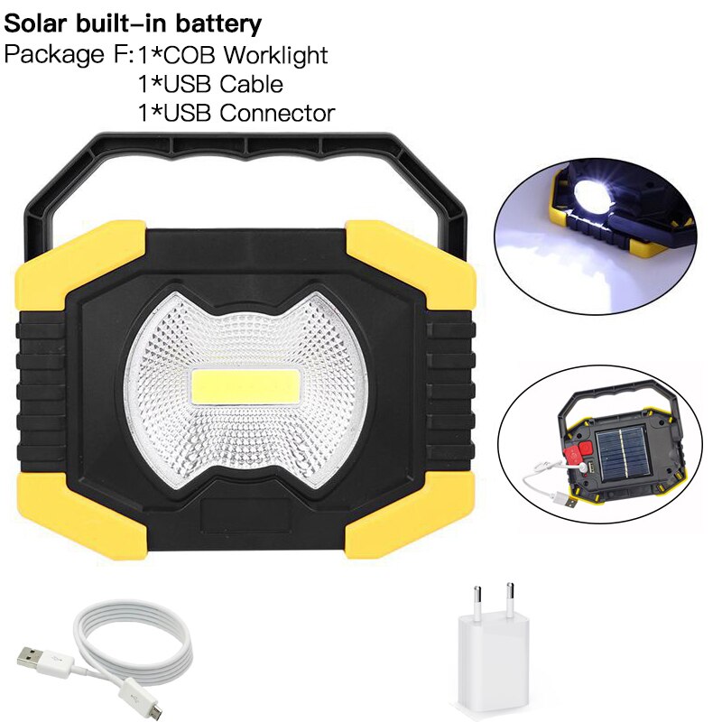 100w bærbare spotlight led arbejdslys usb genopladelig lommelygte solenergi lys bygget -in 2400 mah batteri til camping lys: F