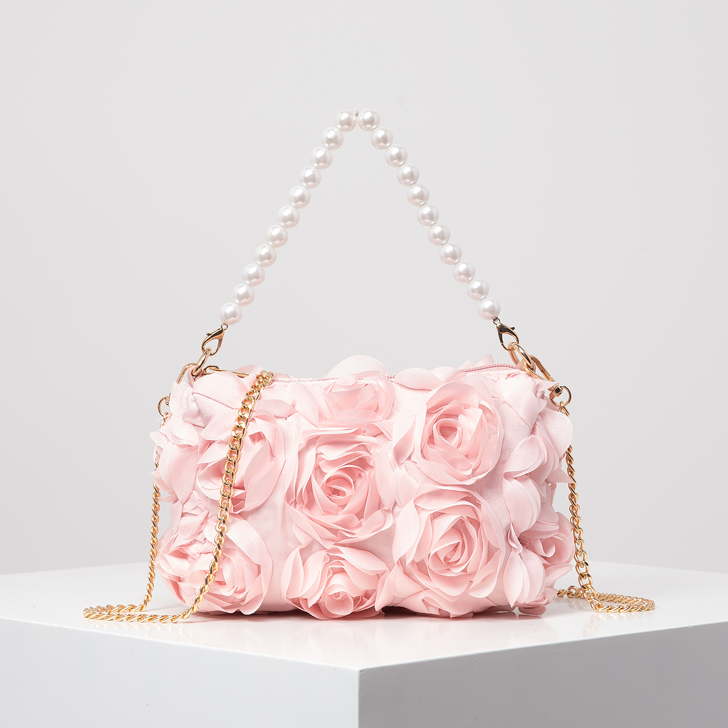 sac de dîner fleur rose, sac à main en fausse perle, sac à bandoulière chaîne en métal, sac de mariée (motif aléatoire): Rose