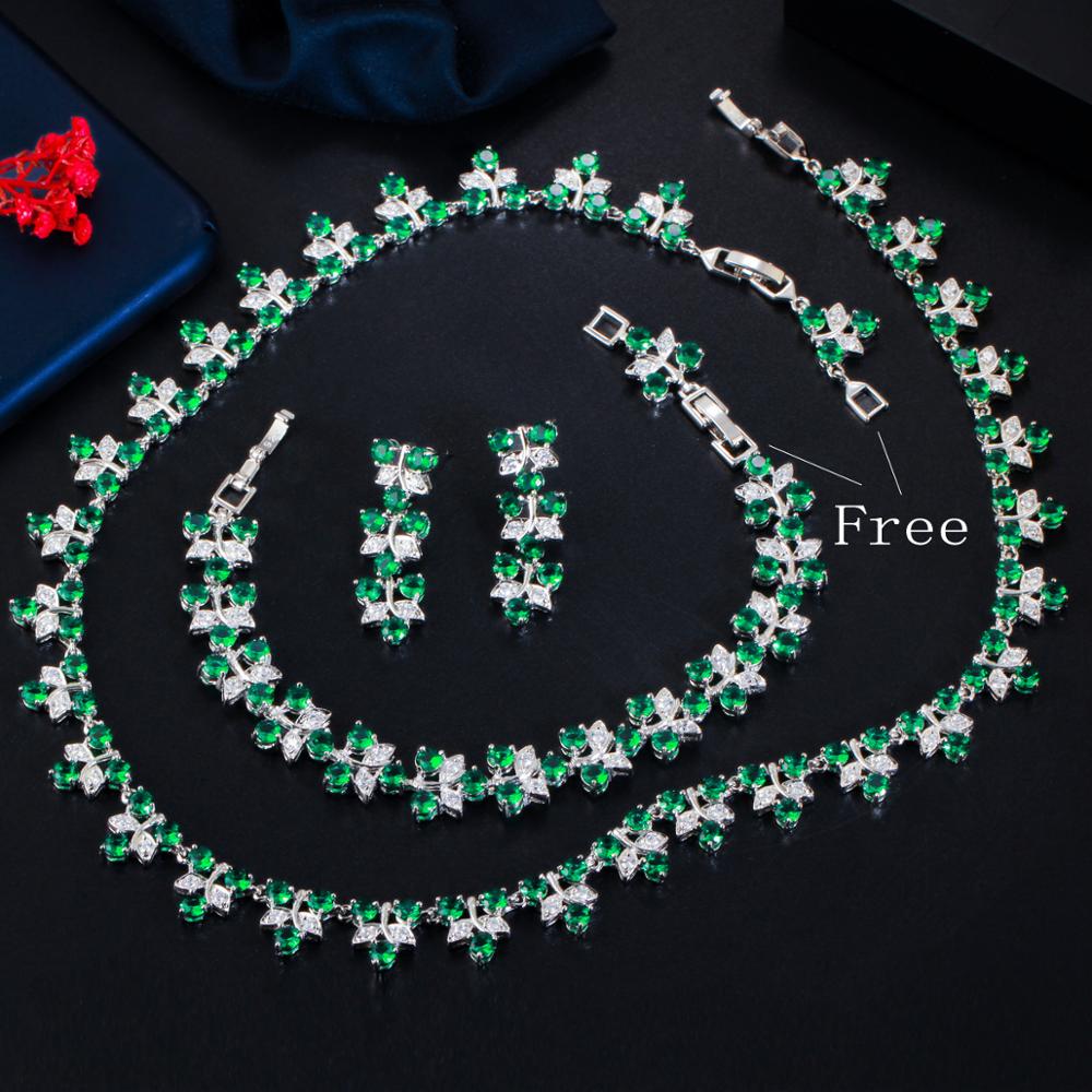 CWWZircons Luxury Dubai Nigeria Green CZ Crystal Wedding Prom Necklace Jewelry Set for Brides Party Costume Accessories T477