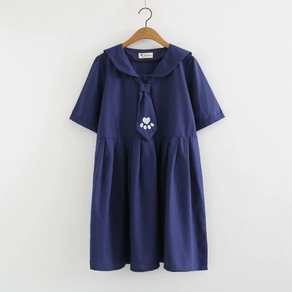 Sommer japansk mori dame college vind marine stil kat broderet bomuld og hør pige kjole studerende løs sømandsdragt