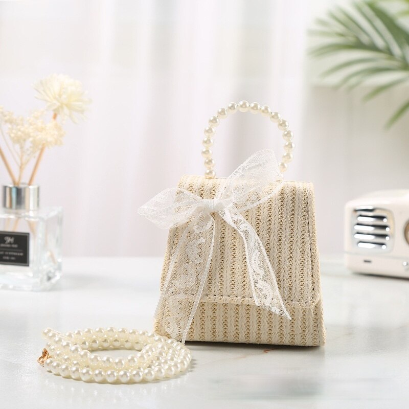 Kids Purses and Handbags Mini Crossbody Cute Little Girl Straw Coin Pouch Baby Girls Rattan Lace Bow Hand Bags Tote