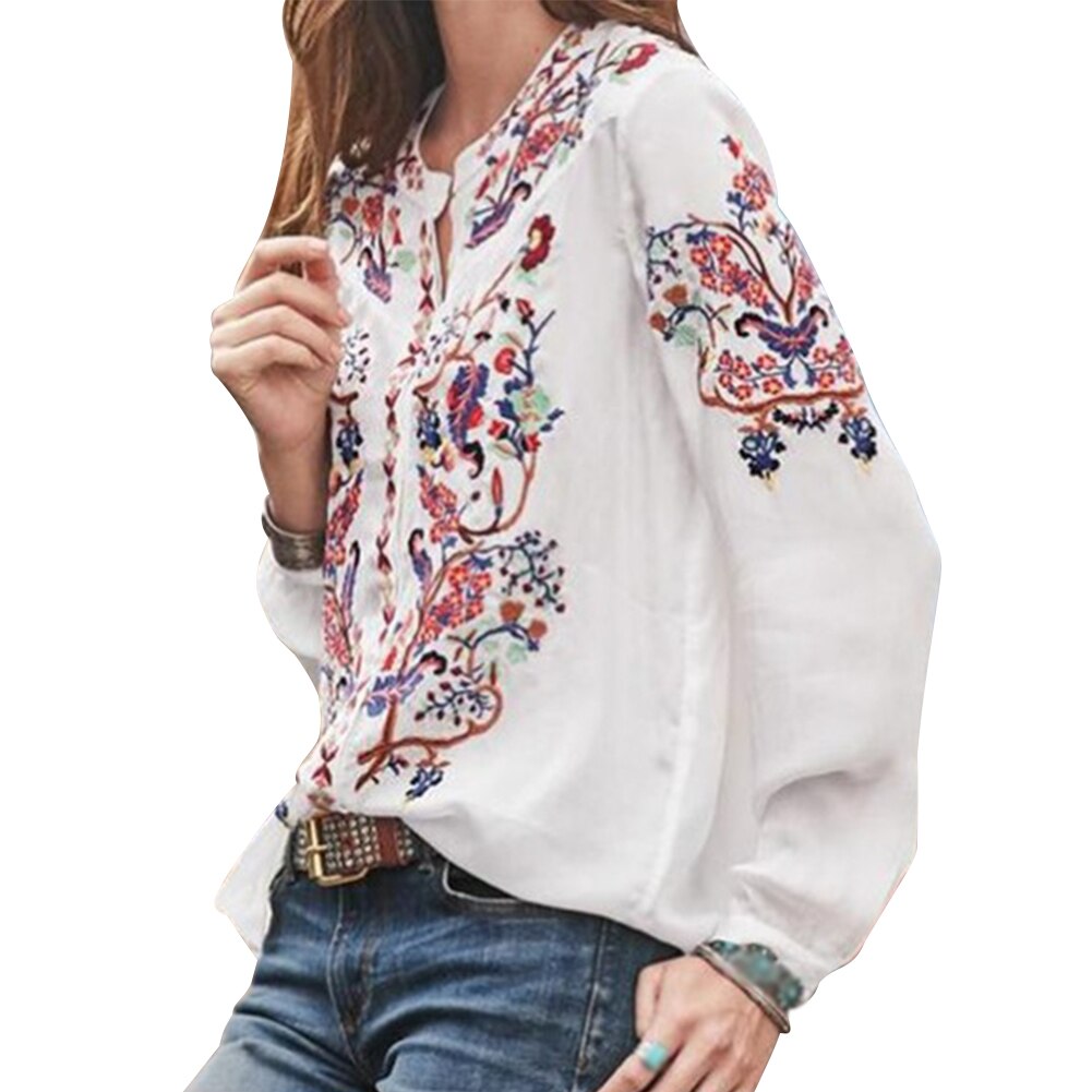 Crew Neck Losse Dames Vrouwen Blouse Tops Party Vrouwelijke Gedrukt Casual Zomer Lantaarn Mouw Polyester Etnische