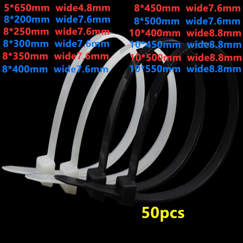 50 pièces de serre-câble en nylon 5*650*4.8mm-8*500*7.6mm-10*550*8.8mm attache-câble en plastique autobloquant