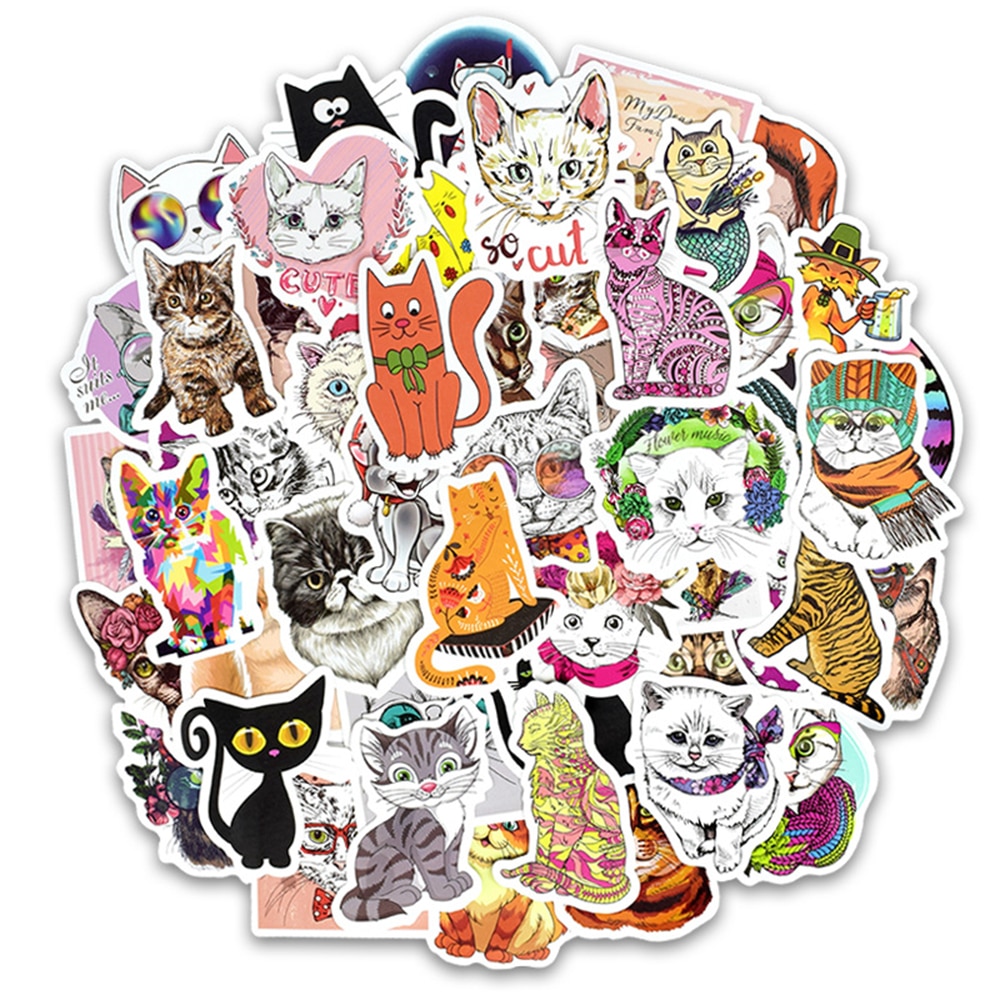 50 Pcs/Lot Cute Cat Style Kitten Stickers For Computer Pad Phone Laptop Skateboard Fridge Bicycle Pvc Waterproof Decal Sticker