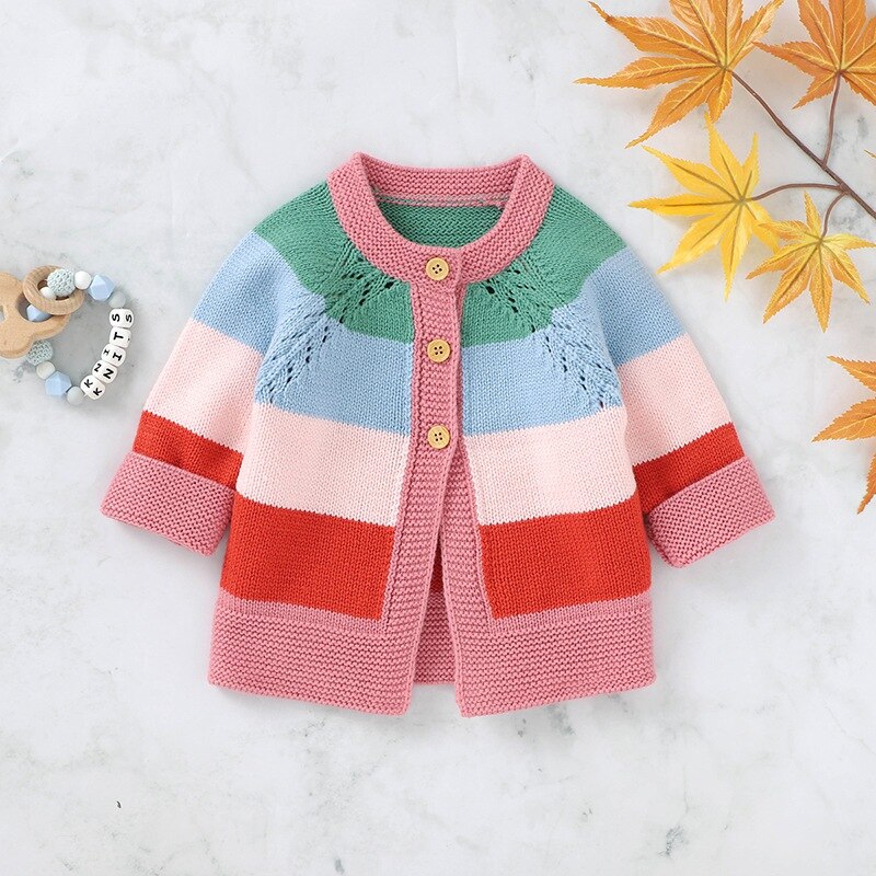 Niño pequeño invierno cálido niña suéter ropa niños Casual suéter bebé niña Arco Iris rayas estampado algodón ropa de abrigo de punto