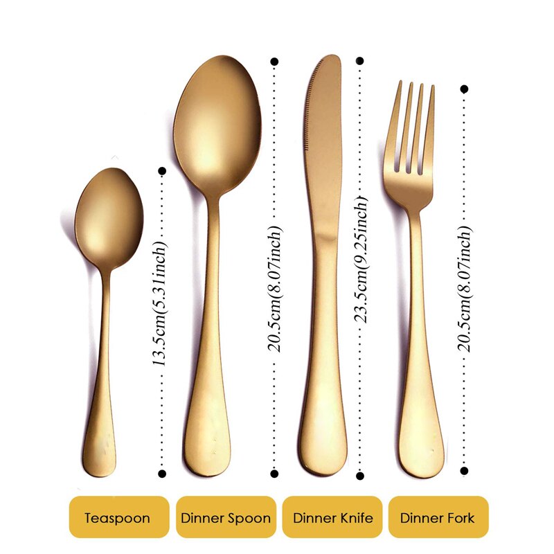Rustfrit stål gyldne bestik knive gafler teskefulde sæt luksus spisestel western food køkken service bøf kniv kage gaffel
