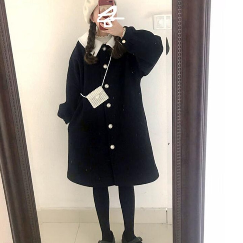 Wolle Frauen Lila Winter Lange Mantel Kawaii Japanischen Stil Schüler Geraffte Laterne Hülse Süße Harajuku Allgleiches Streetwear Mädchen: Schwarz dicker / S