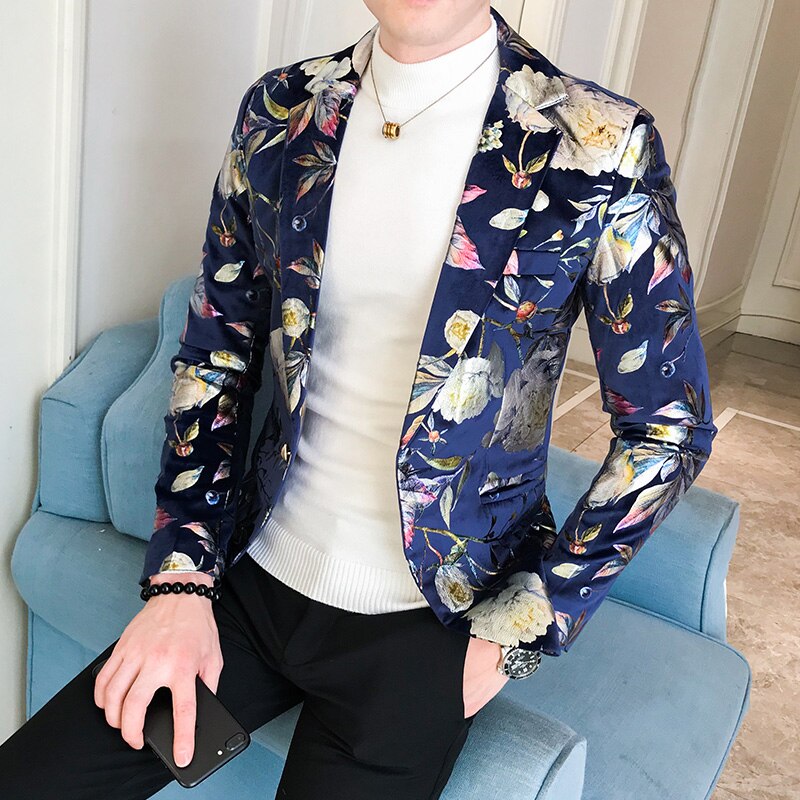 Gold Leaves Sequins Printing Suit Jacket DJ Nightclub Singers Slim Fit Men Suit Jacket Wedding Business Party Clothing Dress