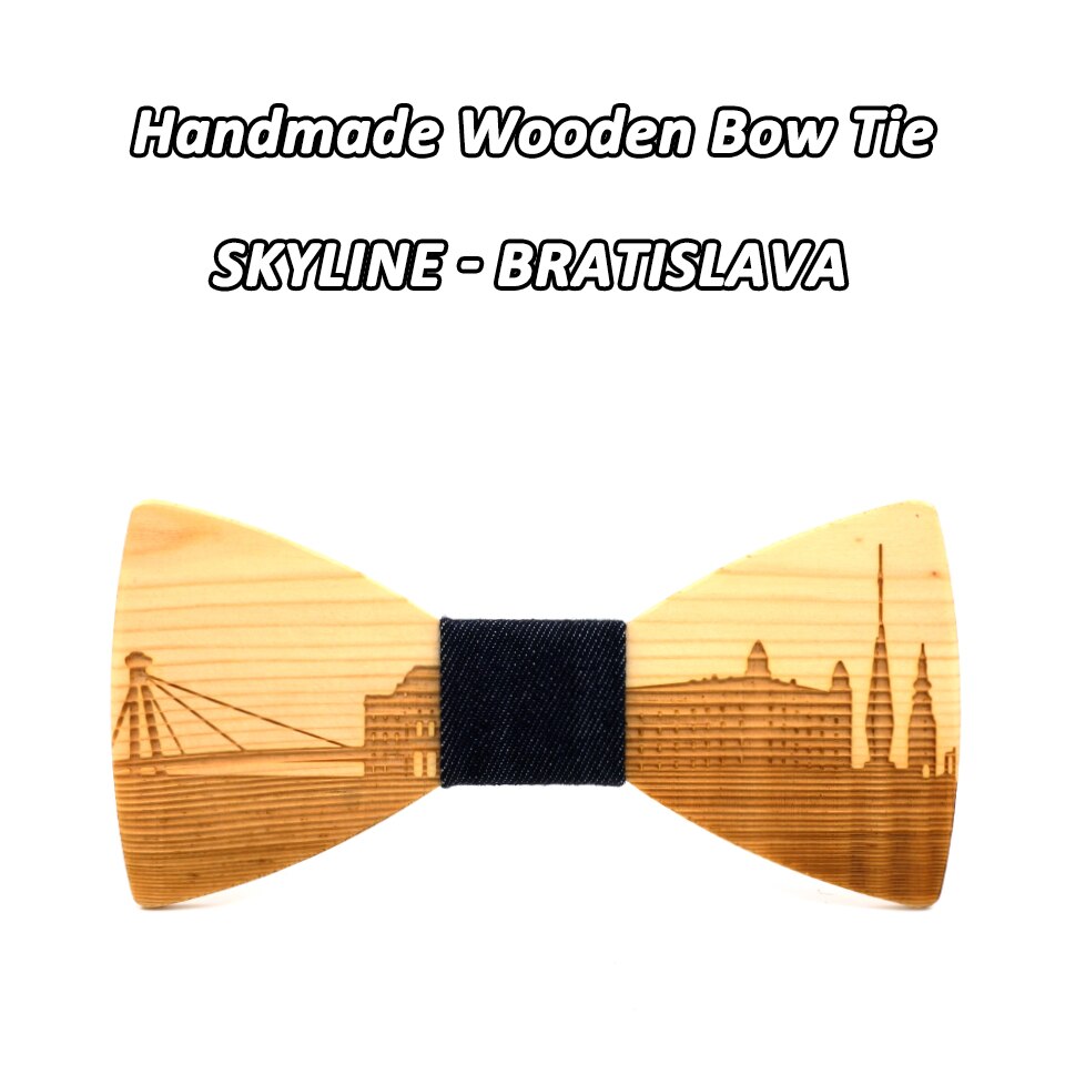 Mahoosive-pajaritas de madera hechas a mano para hombre, conjunto de corbatas de madera, corbata de mariposa, corbatas Skyline para hombre, gemelos, pañuelo, novedad: BRATISLAVA