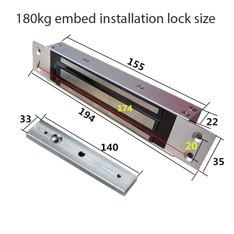 12V 24V 280kg Holding Force Magnetic Lock Single Double Door Surface Mounted Lock Concealed Waterproof Time Delay Solenoid Latch: 180KG Concealed