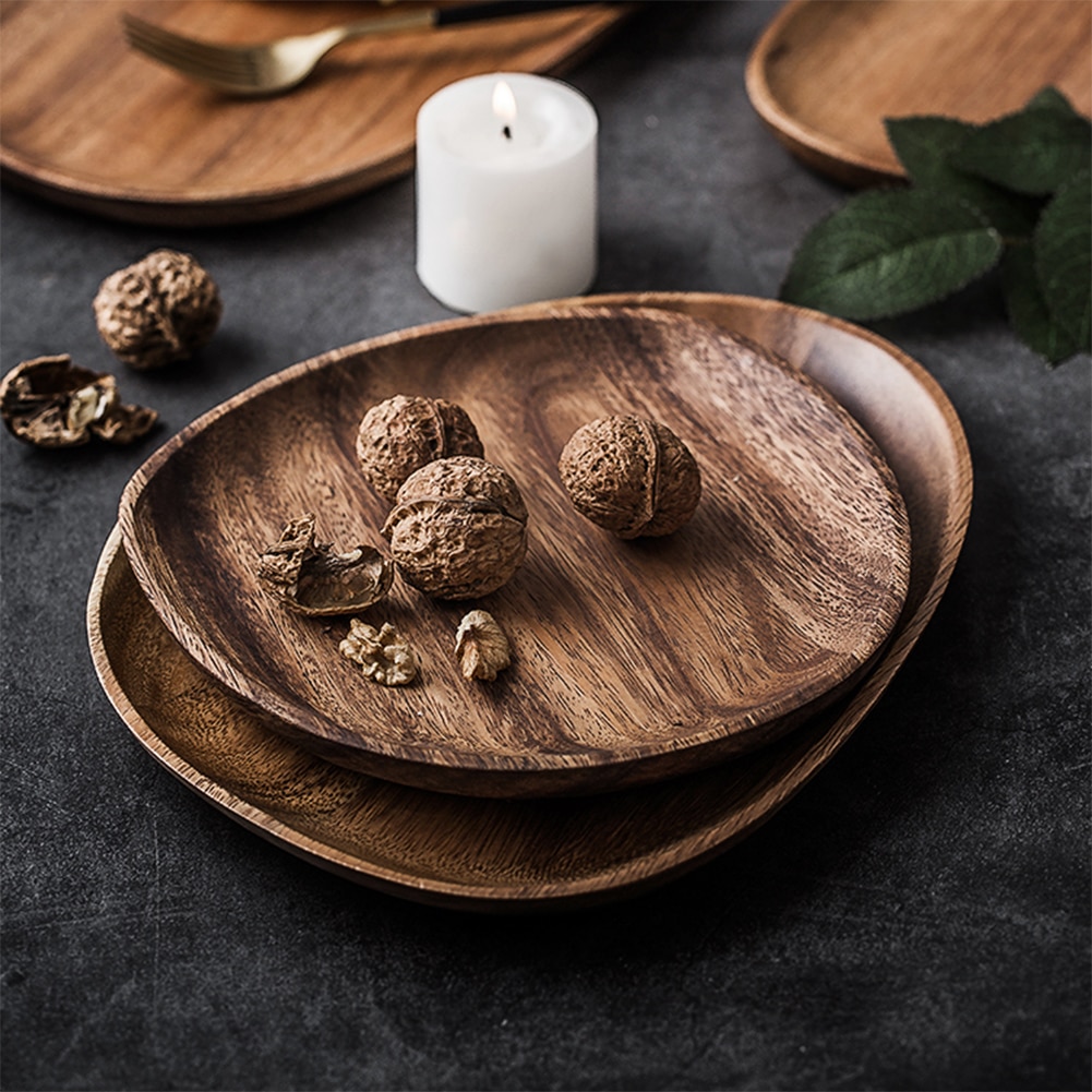 Irregular Solid Wood Plate Whole Acacia Wood Fruit Dishes Wooden Saucer Tea Tray Dessert Dinner Breakfast Plate Tableware Set