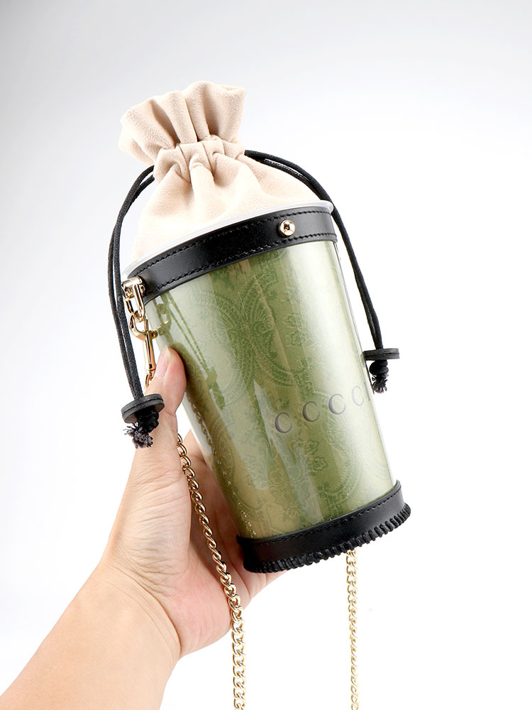 Diy-umhängetasche, mini-schultertasche für damen, durchsichtige pvc-tasche in fassform, diy-papier-kaffee-tasche mit einfacher kette für mädchen
