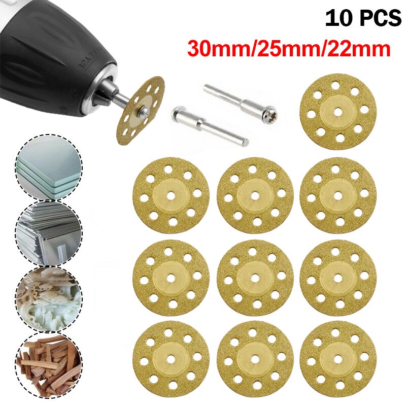 10 stuks/set 22/25/30mm mini diamant zaagbladen zilverkleurige slijpschijven met 2x aansluitschachten voor dremel boormachine passend op roterend gereedschap