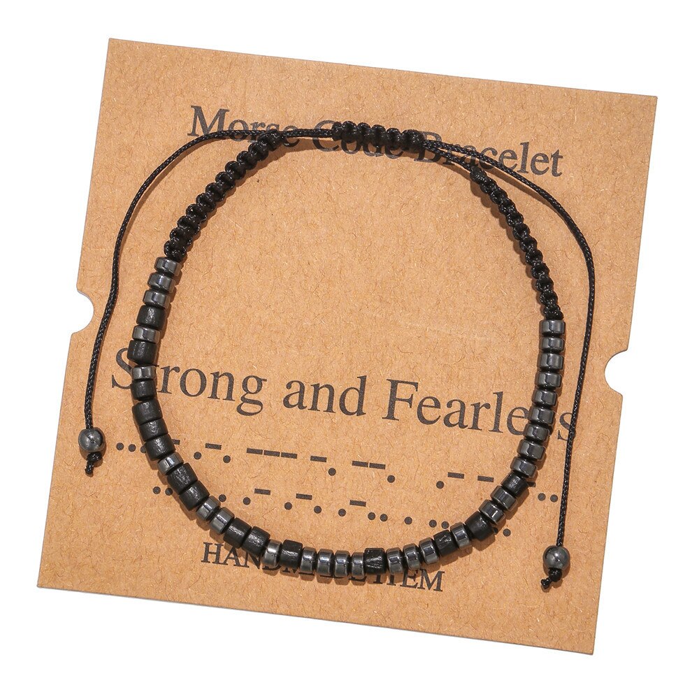 Morse Code Bracelet Black Iron Stone Beaded Hand-woven Card Couple Bracelet: Strong And Fearless