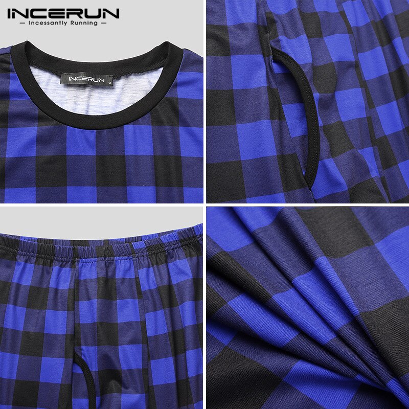 Men Plaid Pajamas Sets Homewear Long Sleeve O Neck Sleepwear Leisure Sleep Pants 2 Pieces Comfortable Men Nightwear Sets INCERUN