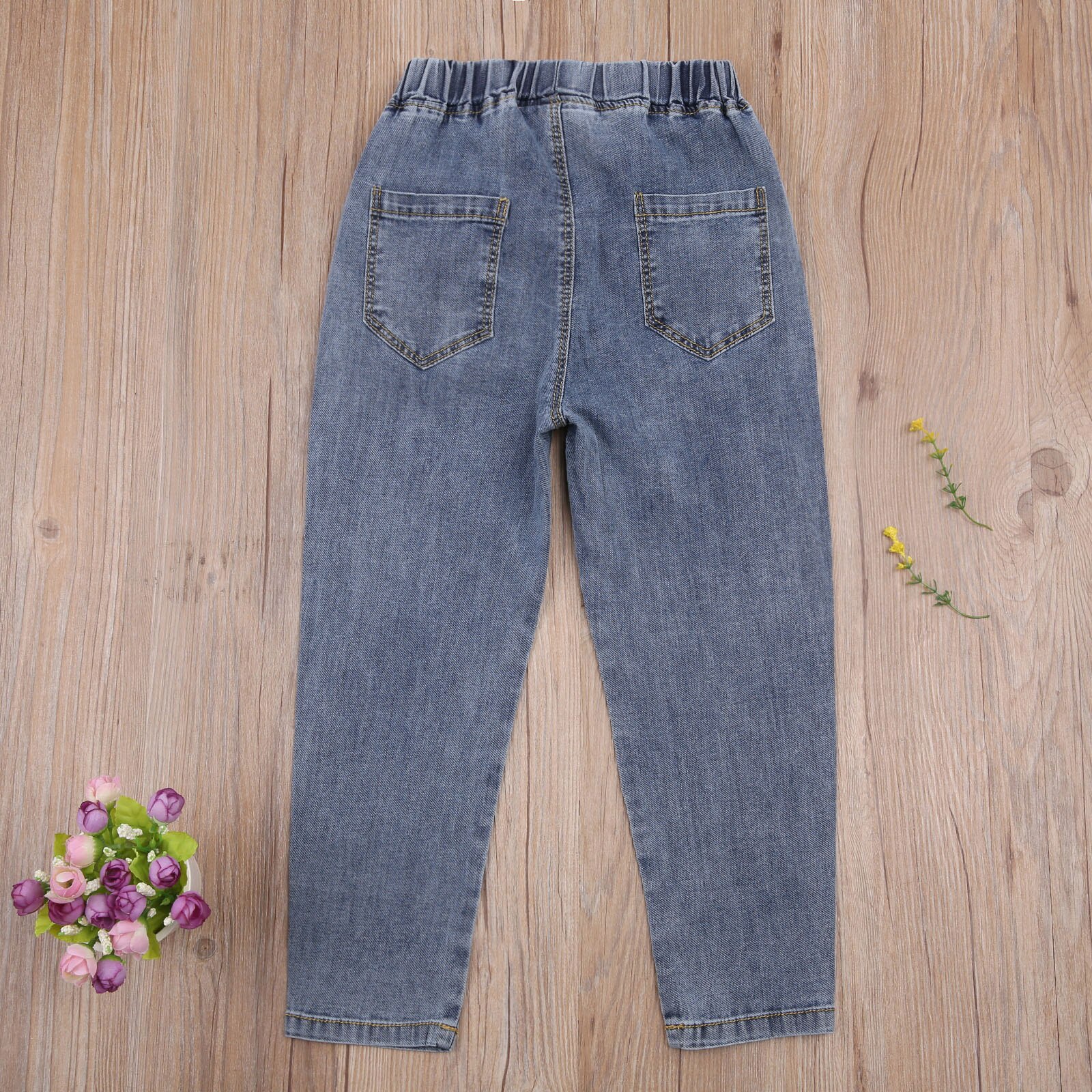 Girl's Long Kids Jeans Elastic Waist Rainbow Butterfly Pattern Long Denim Pants with Side Pockets Lovely Casual Trousers