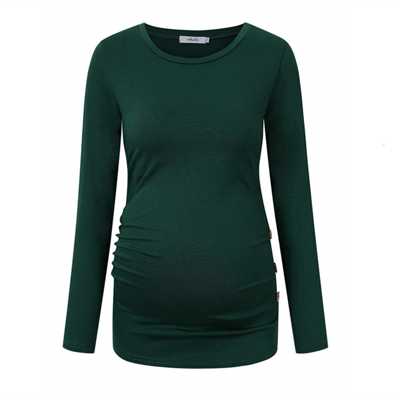 Forår og efterår kvinders tunikatoppe til gravide mortøj flatterende rynket langærmet langærmet t-shirt til gravide med rund hals