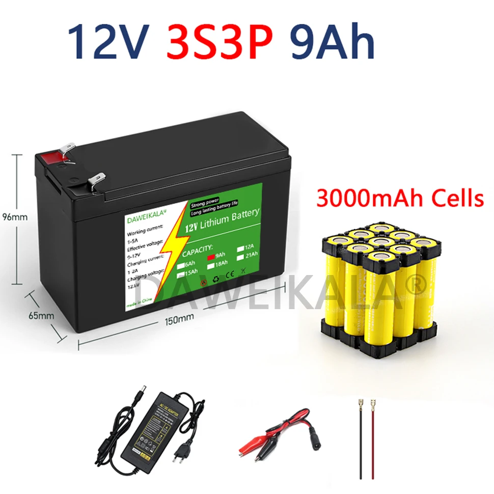 Batería de litio de 12V, 21Ah, 18650, batería recargable 3S7P para energía Solar, batería de vehículo eléctrico, cargador de 12,6 v y 3A: Gris
