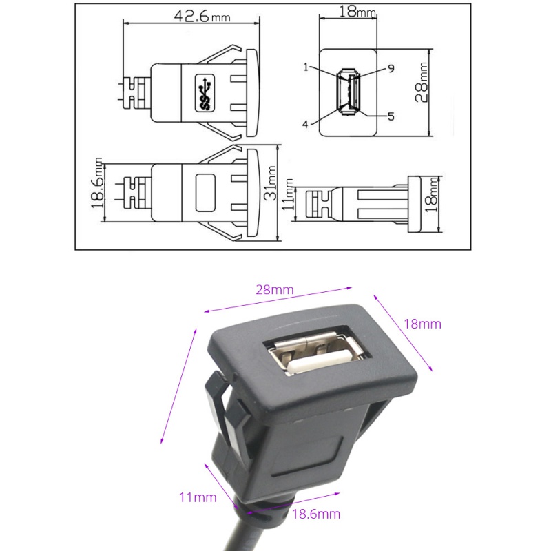 Adaptateur USB femelle pour autoradio, panneau de montage sur tableau de bord, câble d'extension pour Android, lecteur de limitation, interface, 4 broches, 6 broches