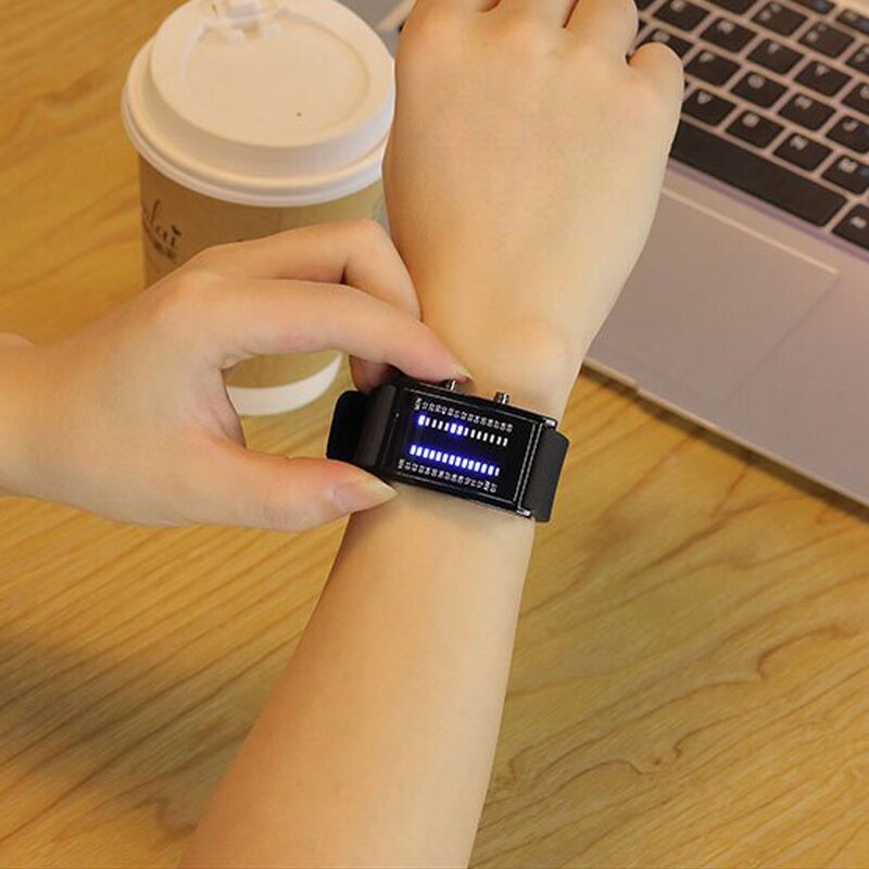 Luxe Lovers Horloge Waterdicht Mannen Vrouwen Rubber Strap Blue Binary Lichtgevende Led Elektronische Display Sport Horloges Mode