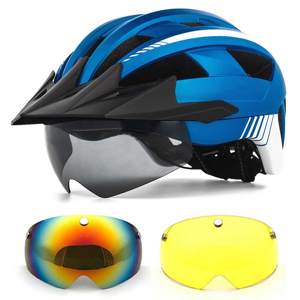 MTB Cycling Helmet XC Off-road Road Mountain Bike Bicycle Helmets With Sun Visor and Goggles for Men women Cycling sports helmet: Blue-2
