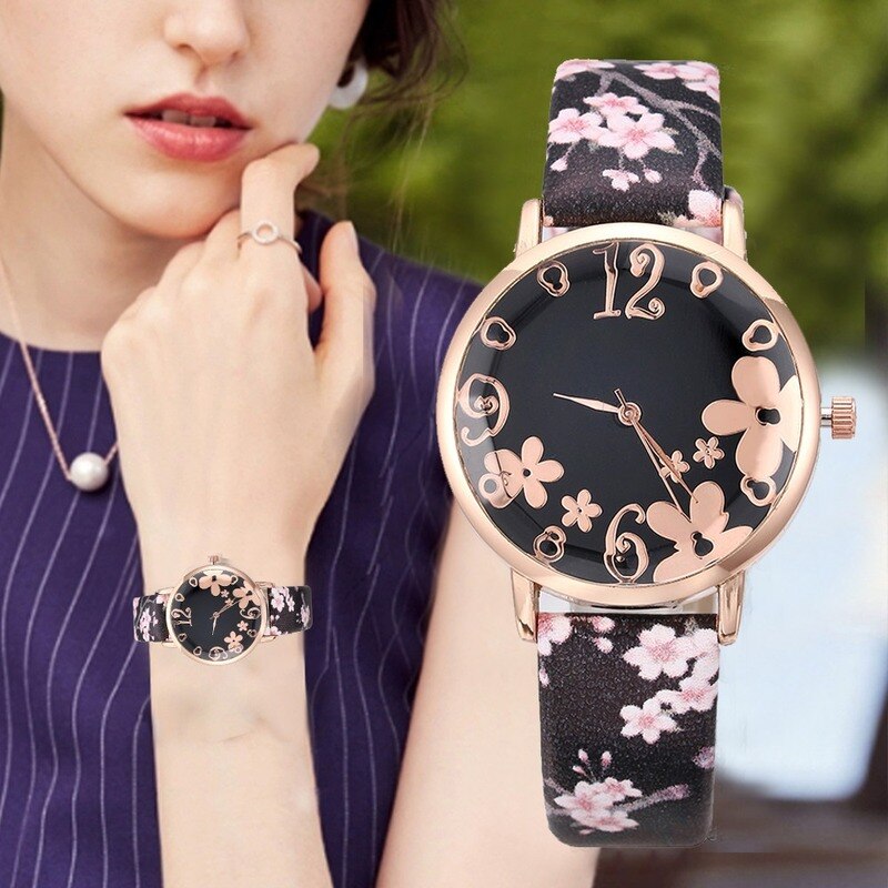Vrouwen Mode Reliëf Bloemen Kleine Verse Gedrukt Riem Student Quartz Horloge Montre Femme Reloj Mujer