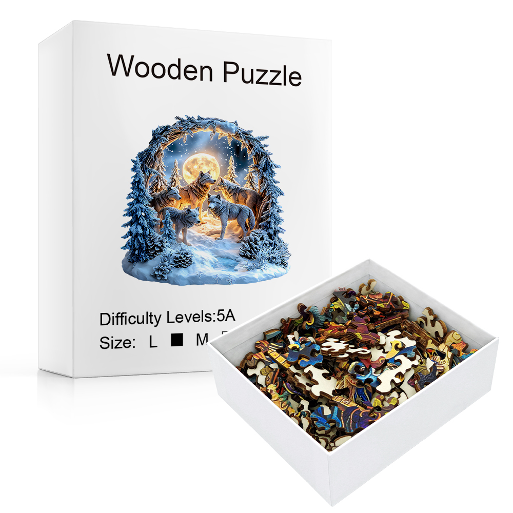 Wooden Puzzle: Magical Winter Wolf Forest Scene as Artistic Handicraft Decor Birthday